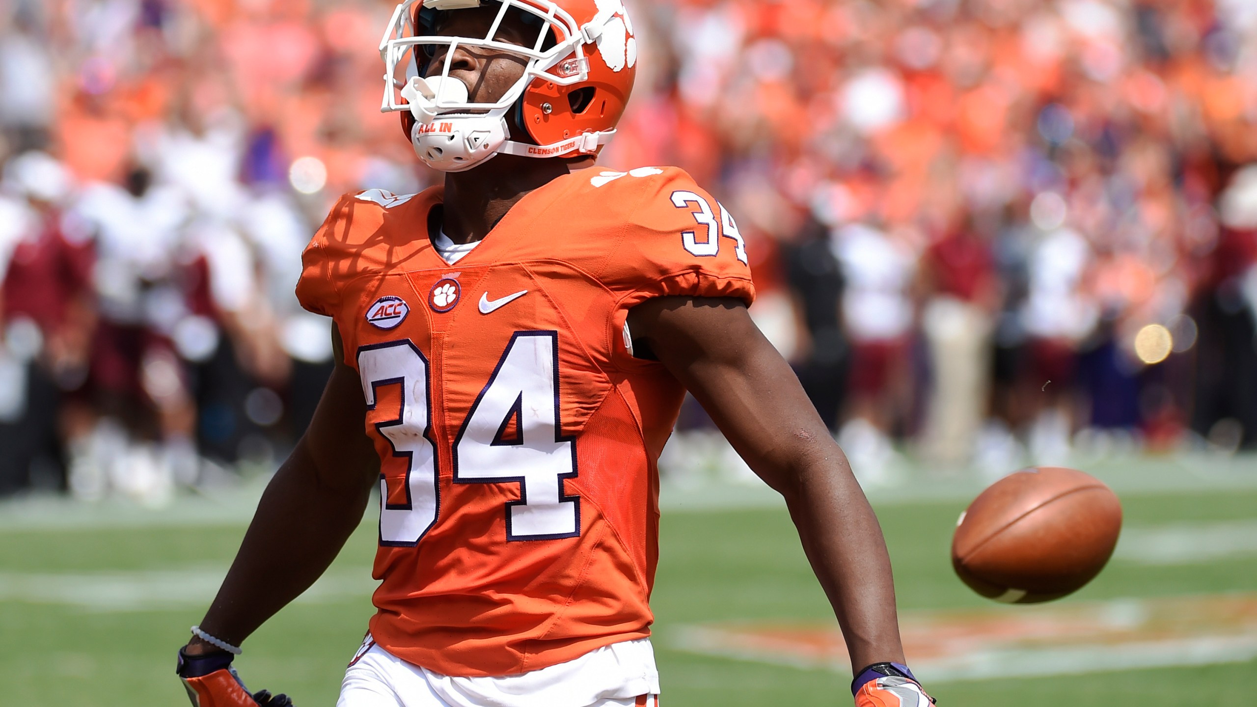 FILE- In this Saturday, Sept. 10, 2016, file photo, Clemson wide receiver Ray-Ray McCloud drops the football short of the goal line during the first half of an NCAA college football game against Troy in Clemson, S.C. (AP Photo/Rainier Ehrhardt, File)