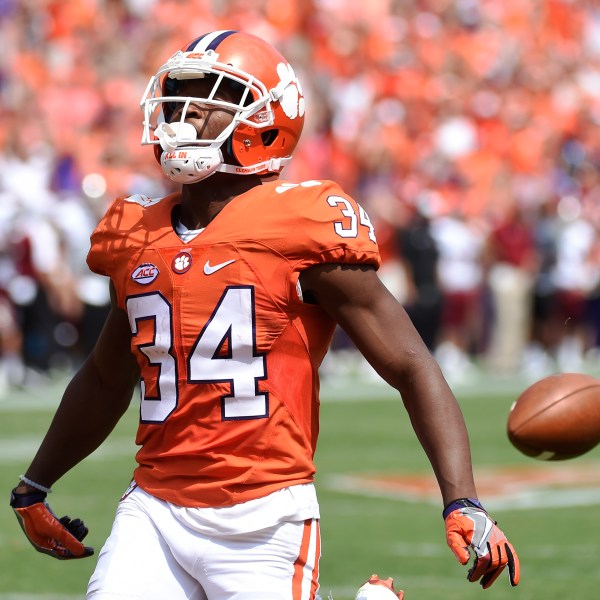 FILE- In this Saturday, Sept. 10, 2016, file photo, Clemson wide receiver Ray-Ray McCloud drops the football short of the goal line during the first half of an NCAA college football game against Troy in Clemson, S.C. (AP Photo/Rainier Ehrhardt, File)