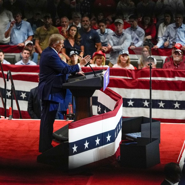 Republican presidential nominee former President Donald Trump speaks at a campaign rally at Rocky Mount Event Center, Wednesday, Oct. 30, 2024, in Rocky Mount, N.C. (AP Photo/Julia Demaree Nikhinson)