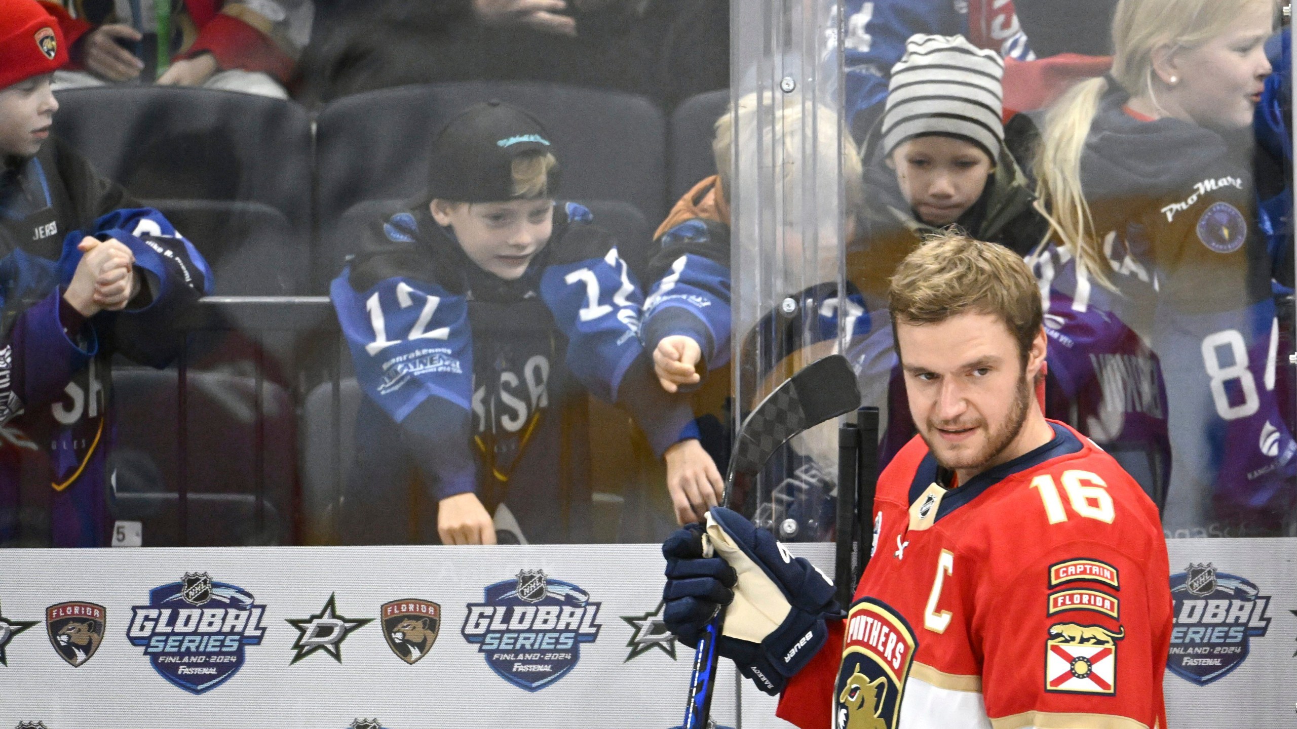 Aleksander Barkov of the Florida Panthers attends the team's practice in Tampere, Finland, on Thursday, Oct. 31, 2024, as the Florida Panthers prepare to play two games against the Dallas Stars in the 2024 NHL Global Series. (Heikki Saukkomaa/Lehtikuva via AP)