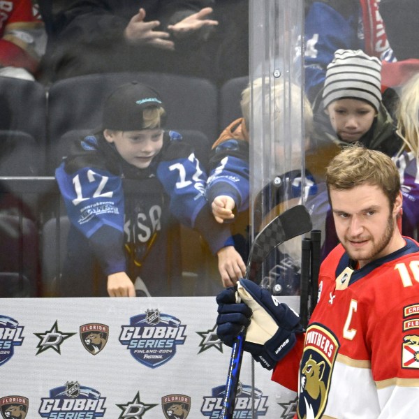 Aleksander Barkov of the Florida Panthers attends the team's practice in Tampere, Finland, on Thursday, Oct. 31, 2024, as the Florida Panthers prepare to play two games against the Dallas Stars in the 2024 NHL Global Series. (Heikki Saukkomaa/Lehtikuva via AP)