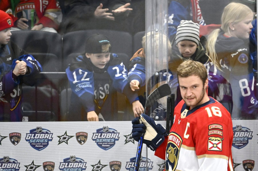 Aleksander Barkov of the Florida Panthers attends the team's practice in Tampere, Finland, on Thursday, Oct. 31, 2024, as the Florida Panthers prepare to play two games against the Dallas Stars in the 2024 NHL Global Series. (Heikki Saukkomaa/Lehtikuva via AP)