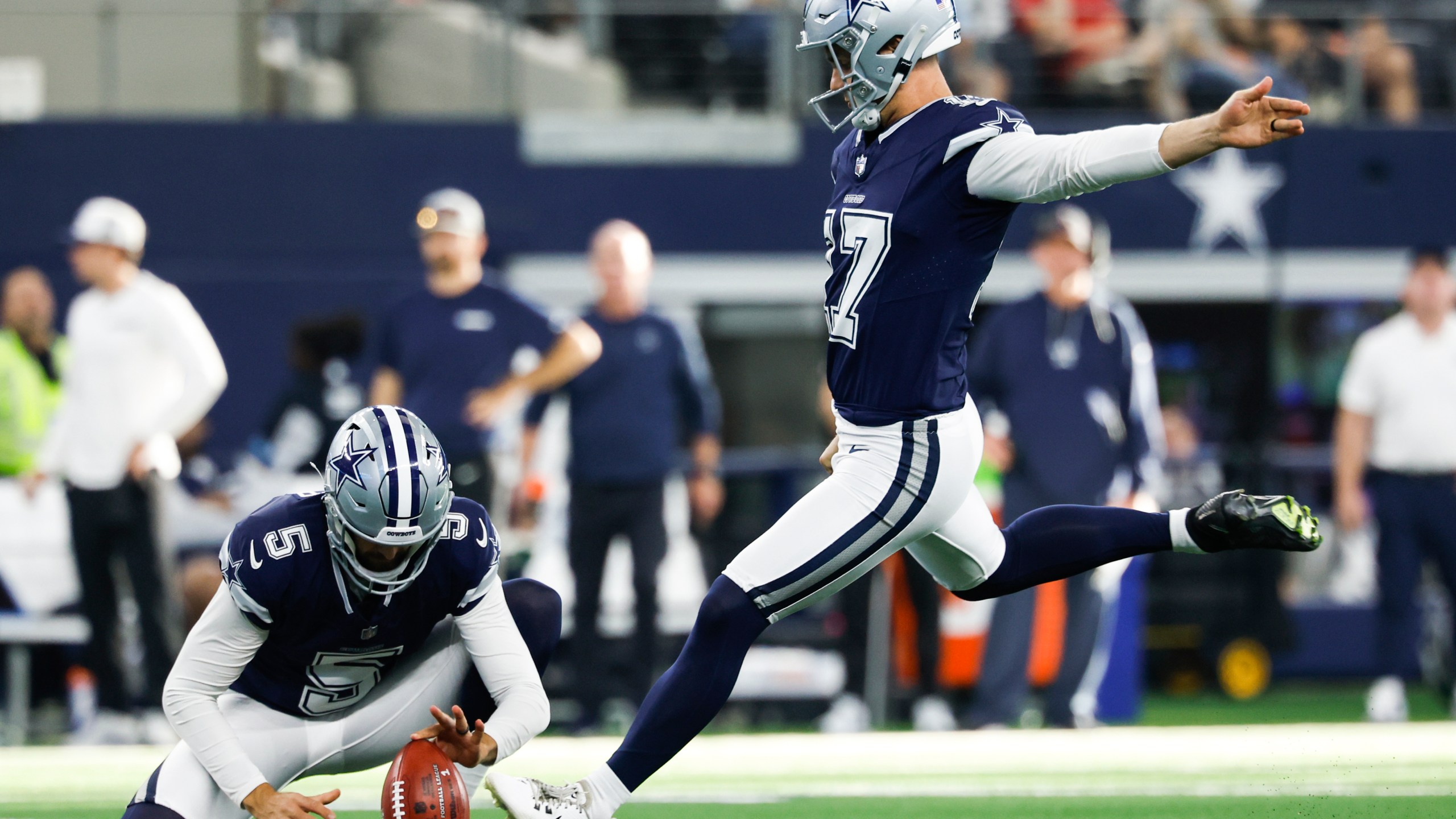 FILE - Dallas Cowboys kicker Brandon Aubrey (17) kicks a field goal during an NFL football game against the Detroit Lions, Sunday, Oct. 13, 2024, in Arlington, Texas. (AP Photo/Matt Patterson, File)