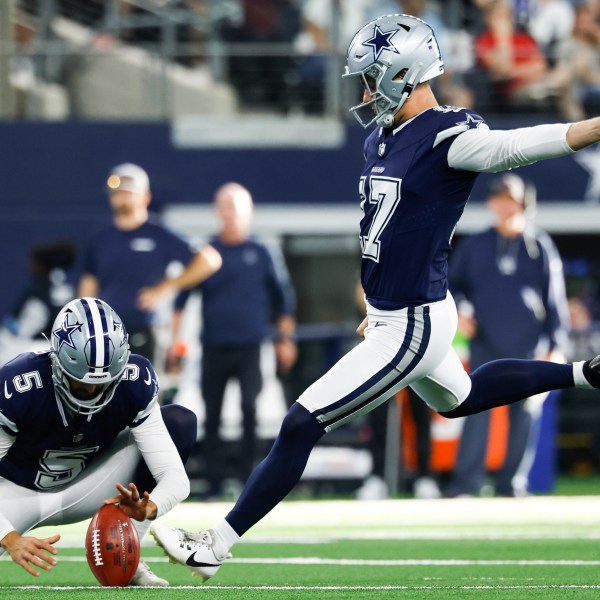 FILE - Dallas Cowboys kicker Brandon Aubrey (17) kicks a field goal during an NFL football game against the Detroit Lions, Sunday, Oct. 13, 2024, in Arlington, Texas. (AP Photo/Matt Patterson, File)