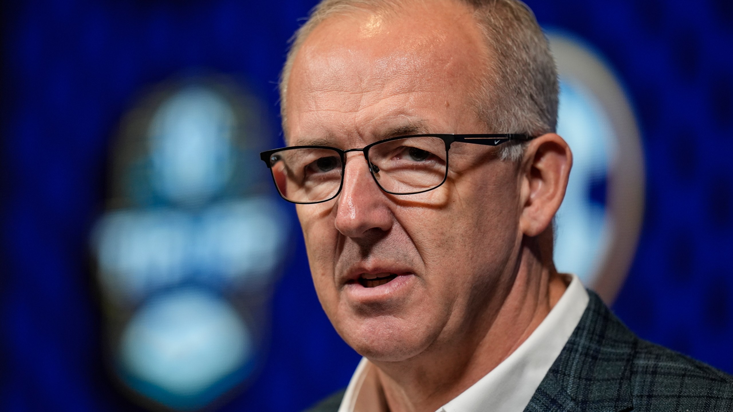 Greg Sankey, commissioner of the Southeastern Conference, speaks during NCAA college basketball women's SEC Media Day, Wednesday, Oct. 16, 2024, in Birmingham, Ala. (AP Photo/Mike Stewart)