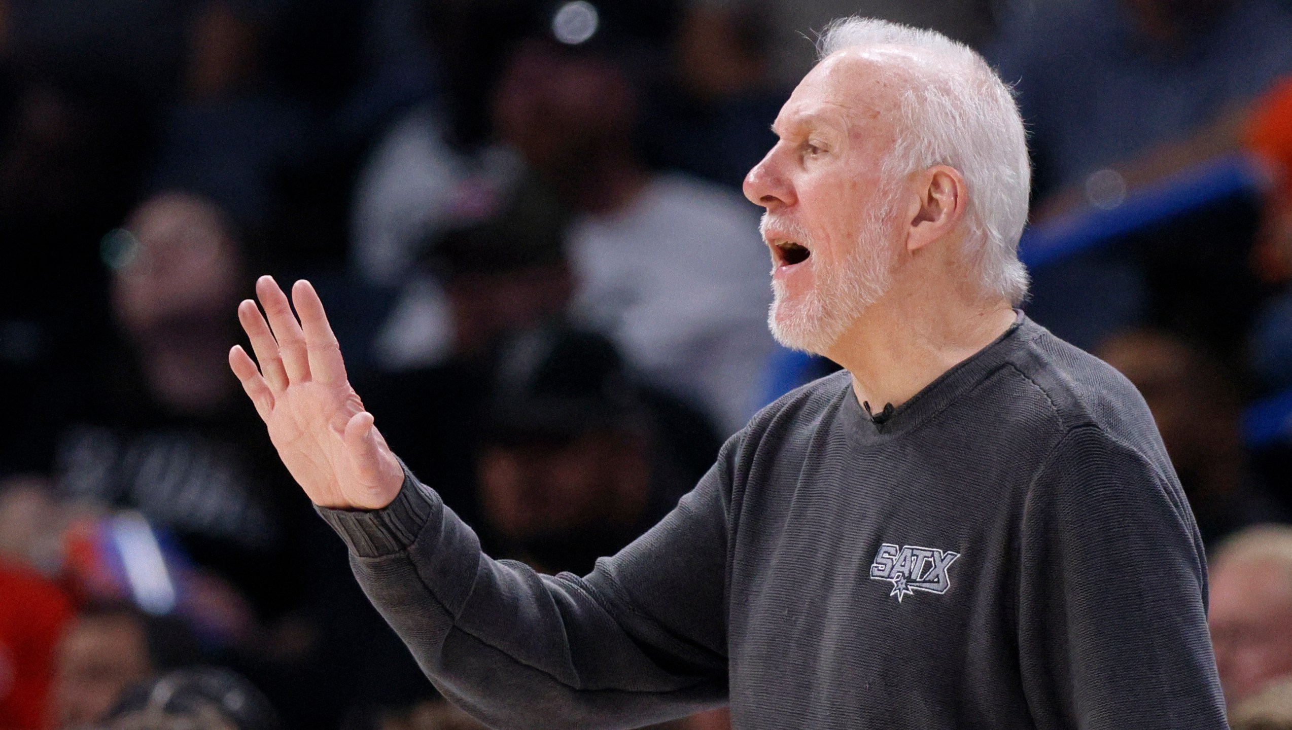 San Antonio Spurs coach Gregg Popovich gives instructions to his players during the second half of an NBA basketball game against the Oklahoma City Thunder, Wednesday, Oct. 30, 2024, in Oklahoma City. (AP Photo/Nate Billings)