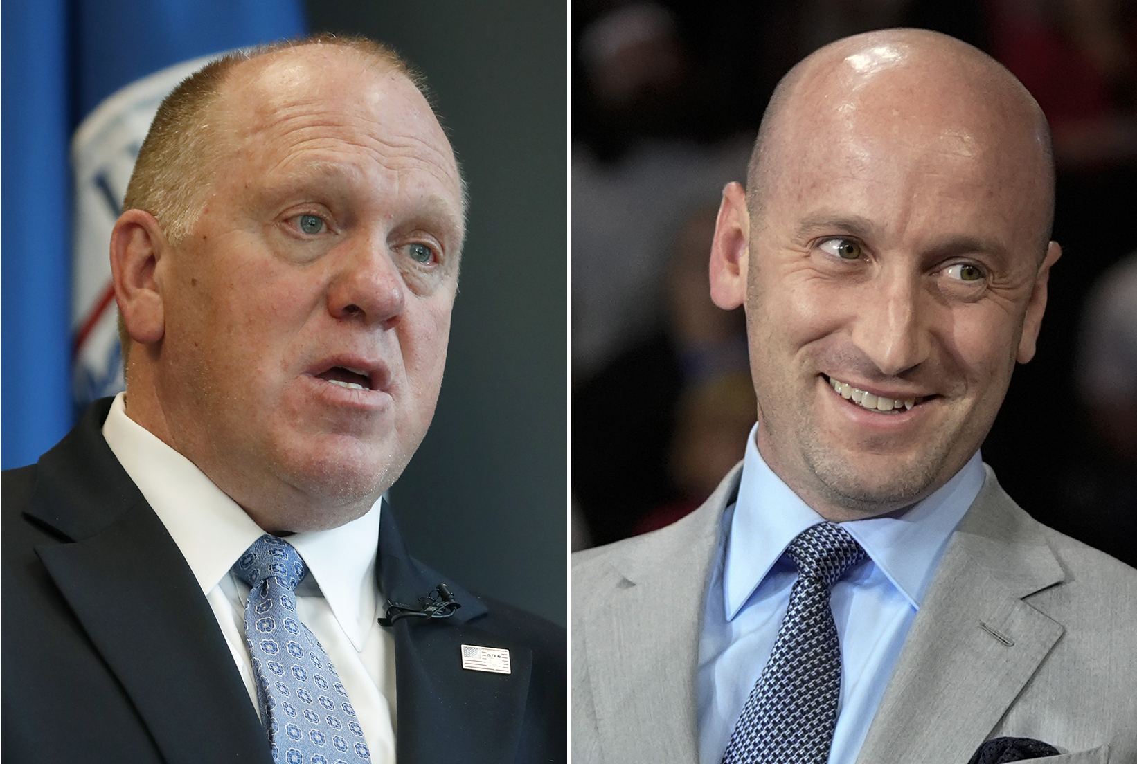 Tom Homan, left, is seen in a April 26, 2018 photo in East Point, Ga., and Stephen Miller is seen in a Oct. 9, 2024, photo in Reading, Pa.