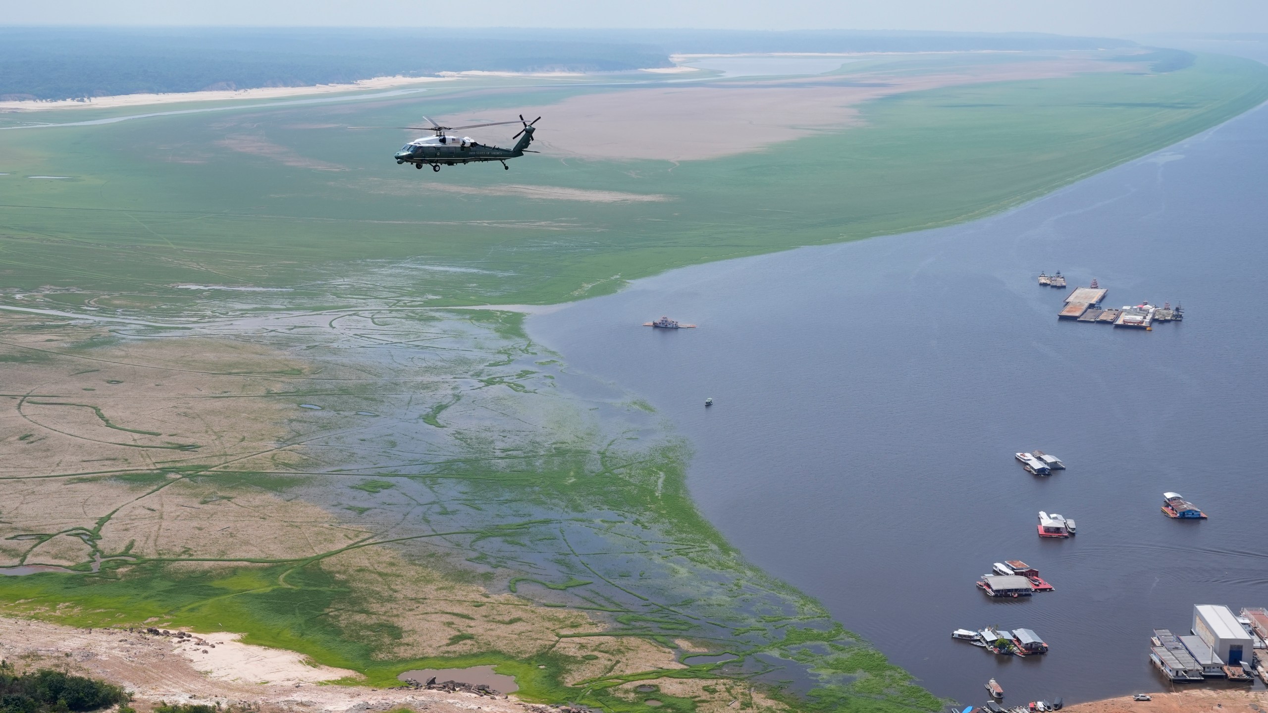 Marine One carrying President Joe Biden flies over the Amazon during a tour, Sunday, Nov. 17, 2024, in Manaus, Brazil. (AP Photo/Manuel Balce Ceneta)