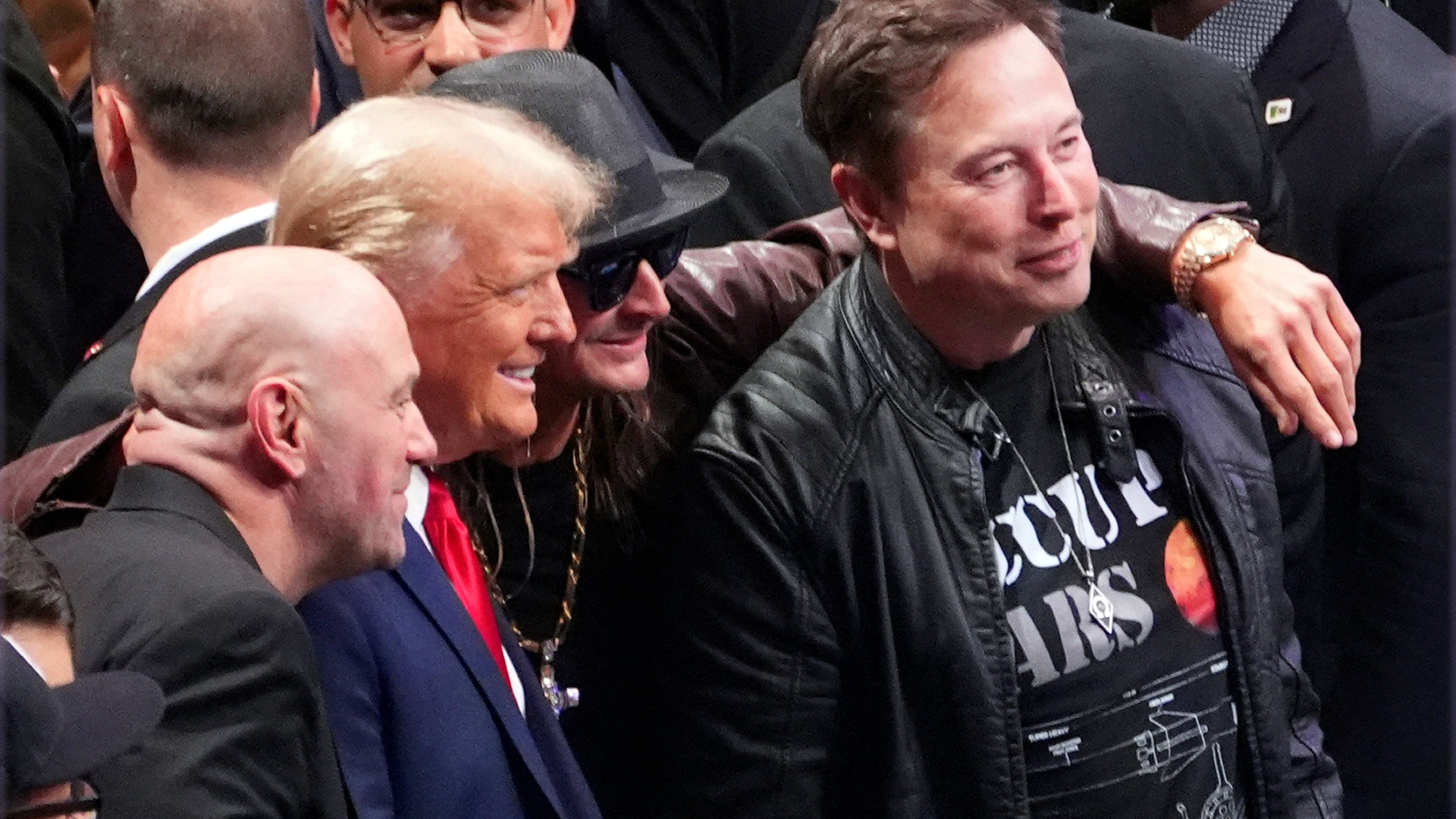 President-elect Donald Trump poses for a photo with Dana White, Kid Rock and Elon Musk at UFC 309 at Madison Square Garden, Saturday, Nov. 16, 2024, in New York. (AP Photo/Evan Vucci)