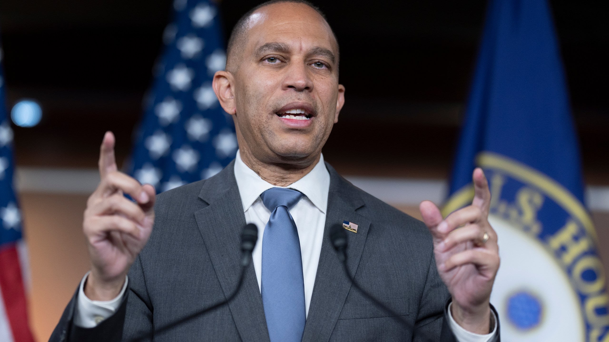 House Minority Leader Hakeem Jeffries, D-N.Y., speaks during a news conference at the Capitol in Washington, Friday, Nov. 15, 2024. (AP Photo/J. Scott Applewhite)