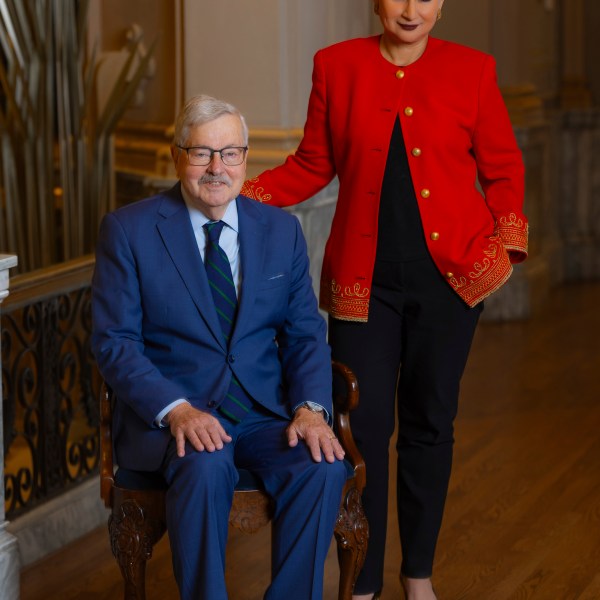 This photo provided by the World Food Prize Foundation shows Terry Branstad, left, and Mashal Husain on Thursday, Nov. 14, 2024. (Ryan Damman/World Food Prize Foundation via AP)