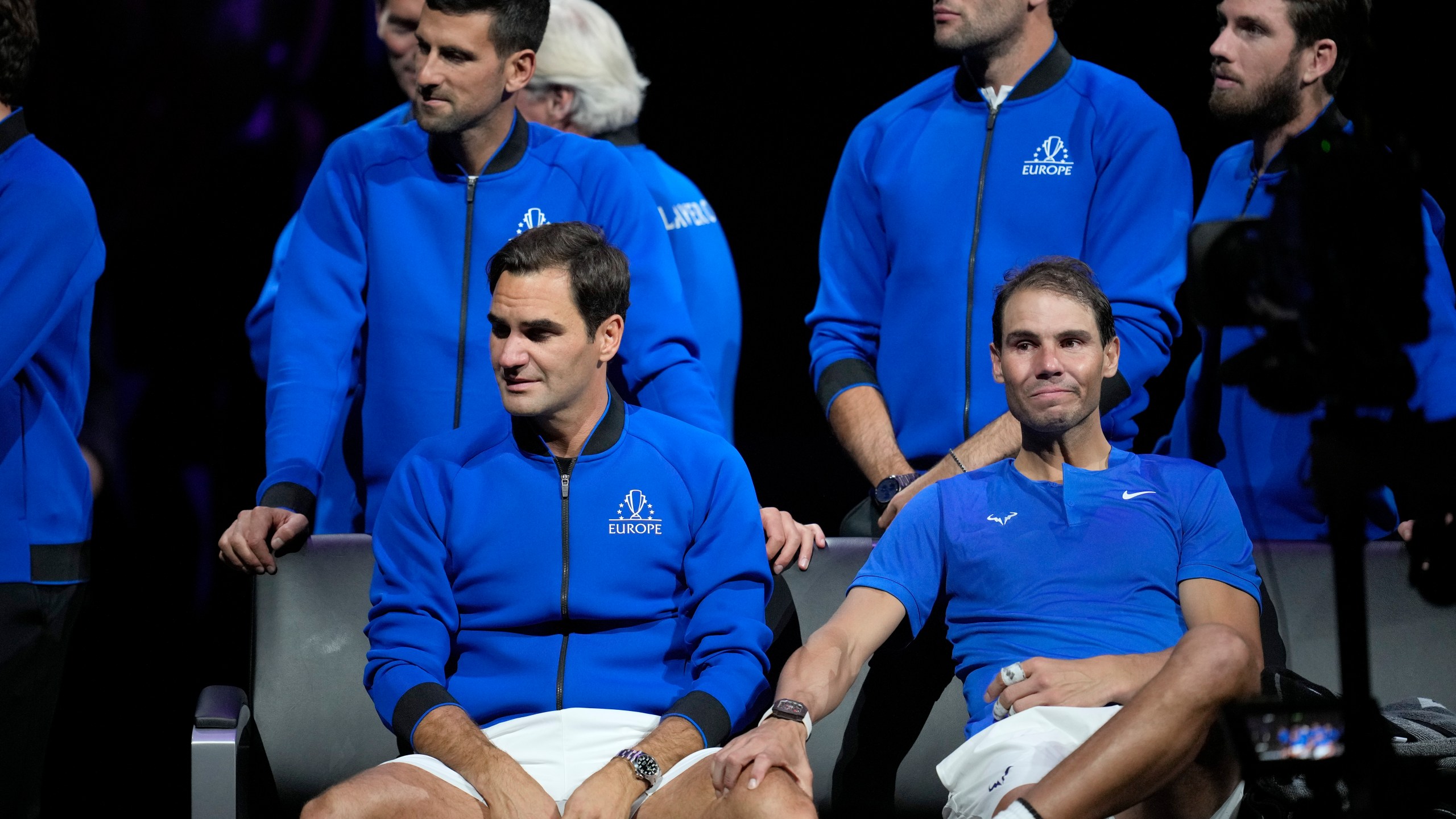 FILE - An emotional Roger Federer of Team Europe is consoled by his playing partner Rafael Nadal after their Laver Cup doubles match against Team World's Jack Sock and Frances Tiafoe at the O2 arena in London, Friday, Sept. 23, 2022. (AP Photo/Kin Cheung, File)