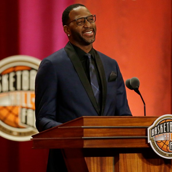 FILE - Tracy McGrady speaks during his enshrinement into the Naismith Memorial Basketball Hall of Fame, Friday, Sept. 8, 2017, in Springfield, Mass. (AP Photo/Stephan Savoia, FIle)