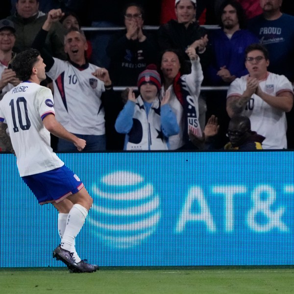 United States' Christian Pulisic (10) celebrates after scoring during the first half in a CONCACAF Nations League quarterfinal second leg soccer match against Jamaica Monday, Nov. 18, 2024, in St. Louis. (AP Photo/Jeff Roberson)