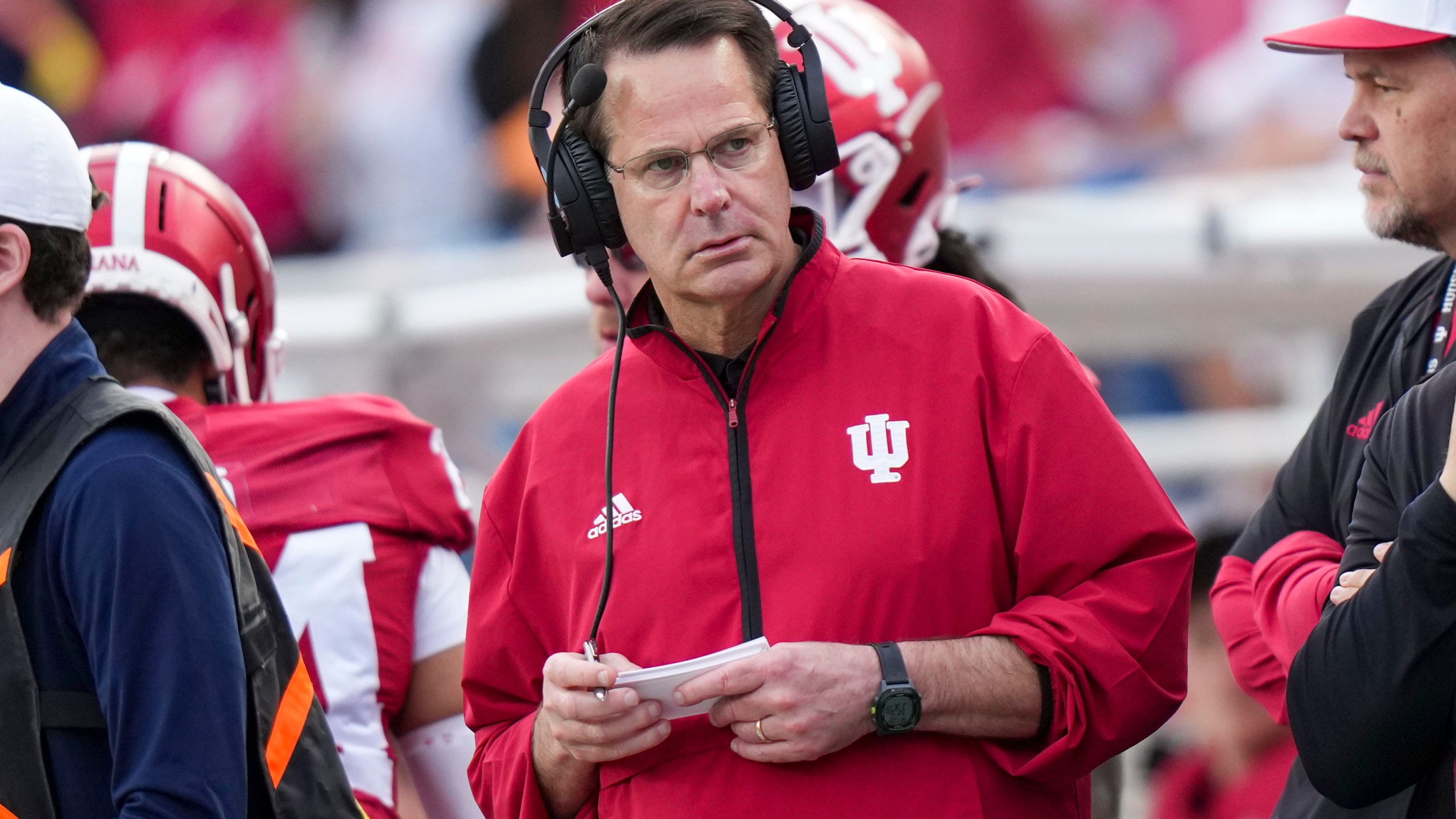 Indiana head coach Curt Cignetti watches from the sideline as his team plays Michigan during the first half of an NCAA college football game in Bloomington, Ind., Saturday, Nov. 9, 2024. (AP Photo/AJ Mast)