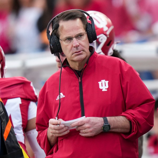 Indiana head coach Curt Cignetti watches from the sideline as his team plays Michigan during the first half of an NCAA college football game in Bloomington, Ind., Saturday, Nov. 9, 2024. (AP Photo/AJ Mast)