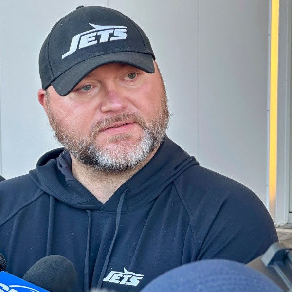 New York Jets general manager Joe Douglas speaks to reporters at the team’s training facility in Florham Park, N.J., on Wednesday, Nov. 6, 2024. (AP Photo/Dennis Waszak Jr.)