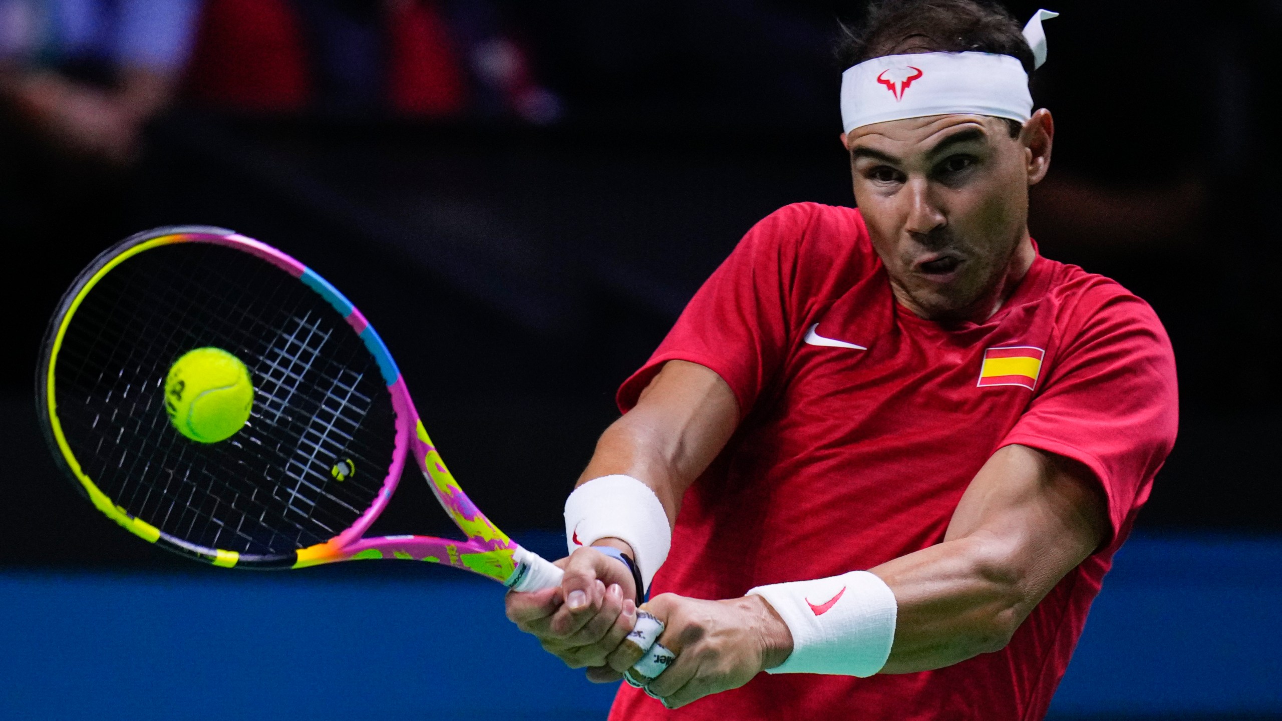 Spain's tennis player Rafael Nadal competes against Netherlands' Botic Van De Zandschulp during a Davis Cup quarterfinal match at Martin Carpena Sports Hall in Malaga, southern Spain, on Tuesday, Nov. 19, 2024. (AP Photo/Manu Fernandez)