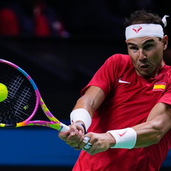 Spain's tennis player Rafael Nadal competes against Netherlands' Botic Van De Zandschulp during a Davis Cup quarterfinal match at Martin Carpena Sports Hall in Malaga, southern Spain, on Tuesday, Nov. 19, 2024. (AP Photo/Manu Fernandez)