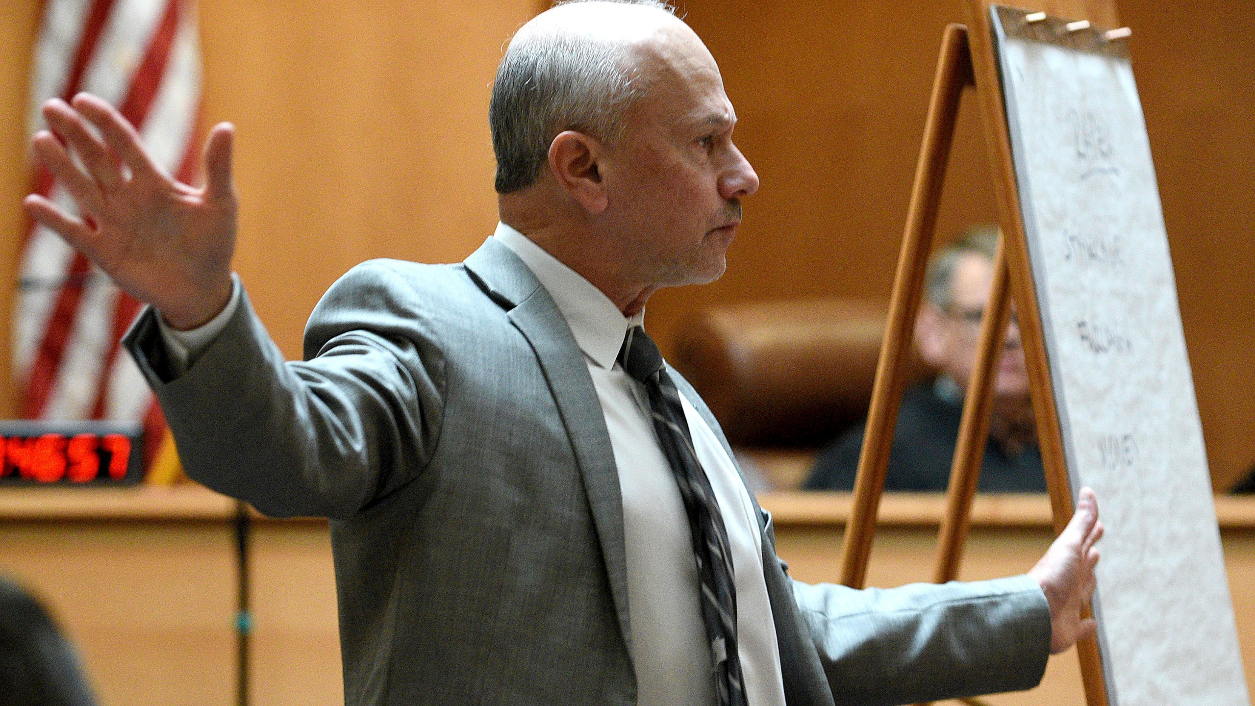 Defense attorney David Rothstein, representing defendant Bradley Asbury who is accused of holding down a teenage boy so colleagues could rape him at a New Hampshire youth center in the 1990s, makes his opening statement in Asbury's trial at Hillsborough County Superior Court in Manchester, N.H.,, Tuesday, Nov. 19, 2024. (David Lane/Union Leader via AP, Pool)