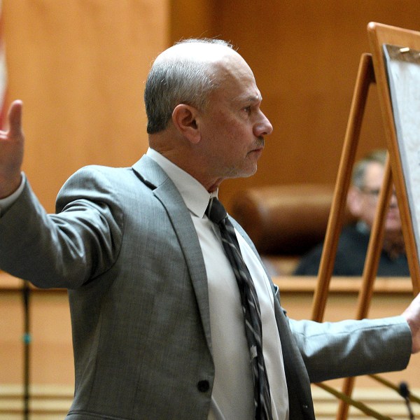 Defense attorney David Rothstein, representing defendant Bradley Asbury who is accused of holding down a teenage boy so colleagues could rape him at a New Hampshire youth center in the 1990s, makes his opening statement in Asbury's trial at Hillsborough County Superior Court in Manchester, N.H.,, Tuesday, Nov. 19, 2024. (David Lane/Union Leader via AP, Pool)