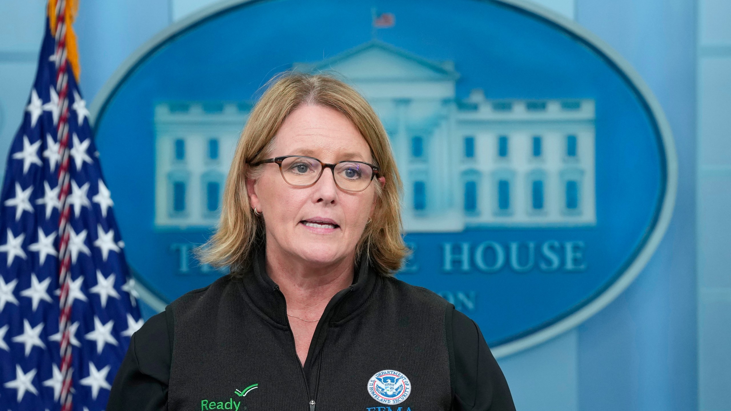 FILE - Federal Emergency Management Agency administrator Deanne Criswell speaks during the daily briefing at the White House in Washington, Aug. 30, 2023. (AP Photo/Susan Walsh, File)