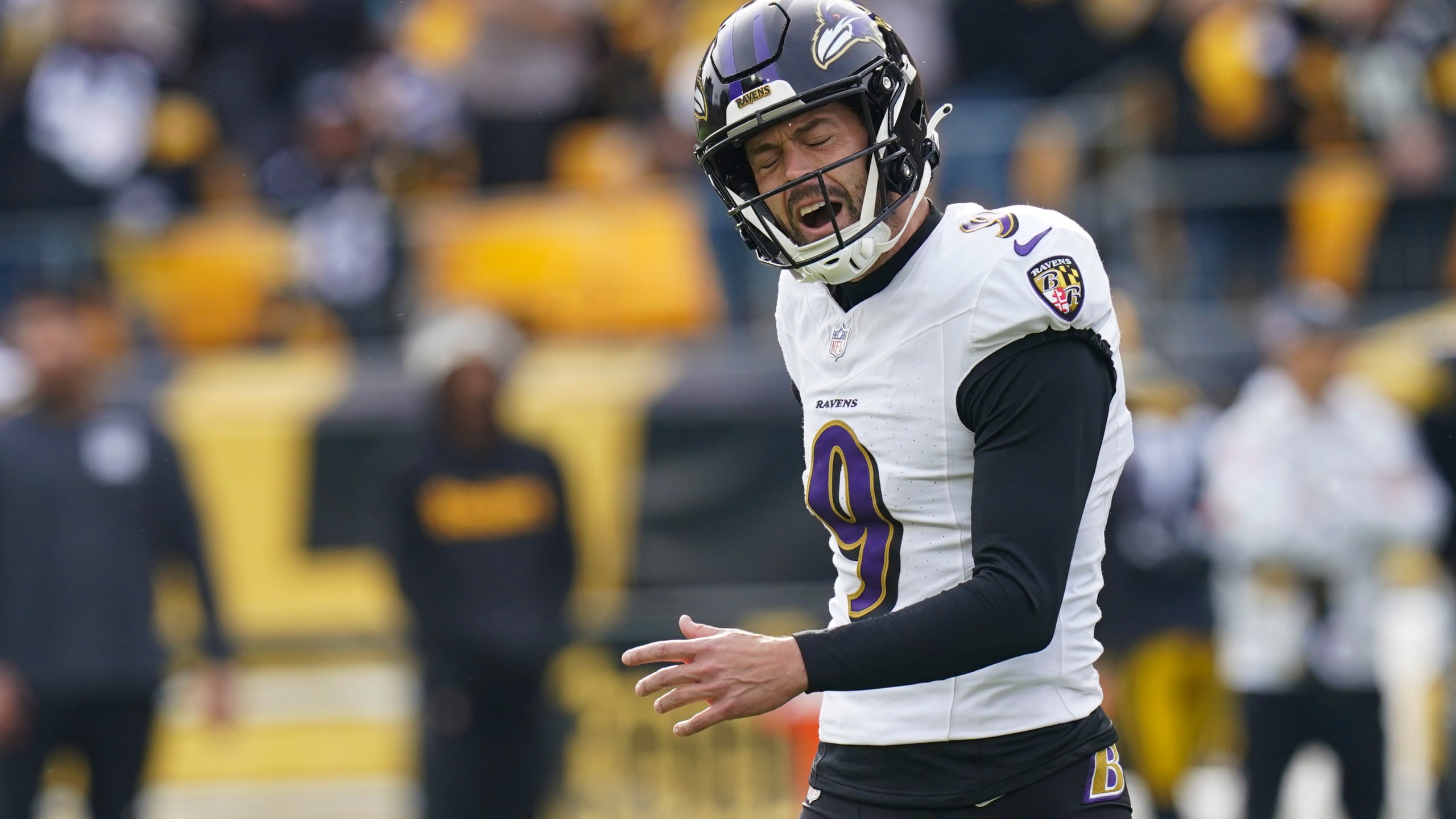 Baltimore Ravens kicker Justin Tucker reacts after missing a second field goal attempt against the Pittsburgh Steelers during the first half of an NFL football game, Sunday, Nov. 17, 2024, in Pittsburgh. (AP Photo/Matt Freed)