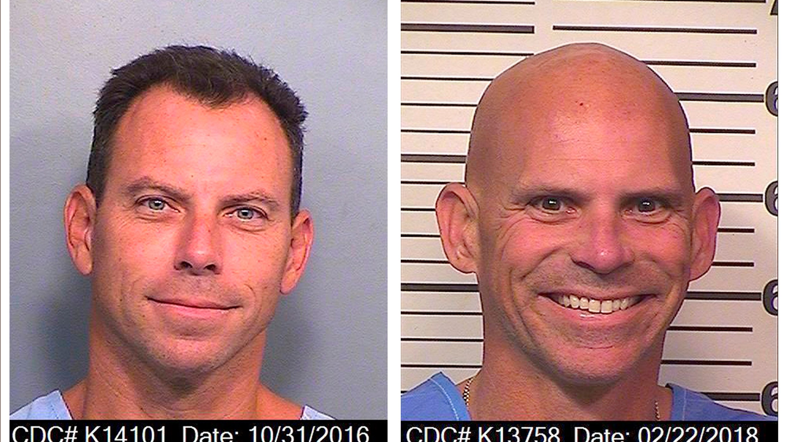 FILE - An Oct. 31, 2016, photo provided by the California Department of Corrections and Rehabilitation shows Erik Menendez, left, and a Feb. 22, 2018, photo provided by the California Department of Corrections and Rehabilitation shows Lyle Menendez. (California Department of Corrections and Rehabilitation via AP, File)