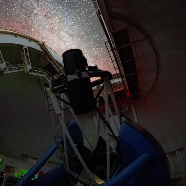 The Dark Energy Spectroscopic Instrument (DESI) making observations in the night sky on the Nicholas U. Mayall 4-meter Telescope at Kitt Peak National Observatory in Tucson, Ariz. (Peter Toman Tomas Slovinsky/NSF's NOIRLab via AP)