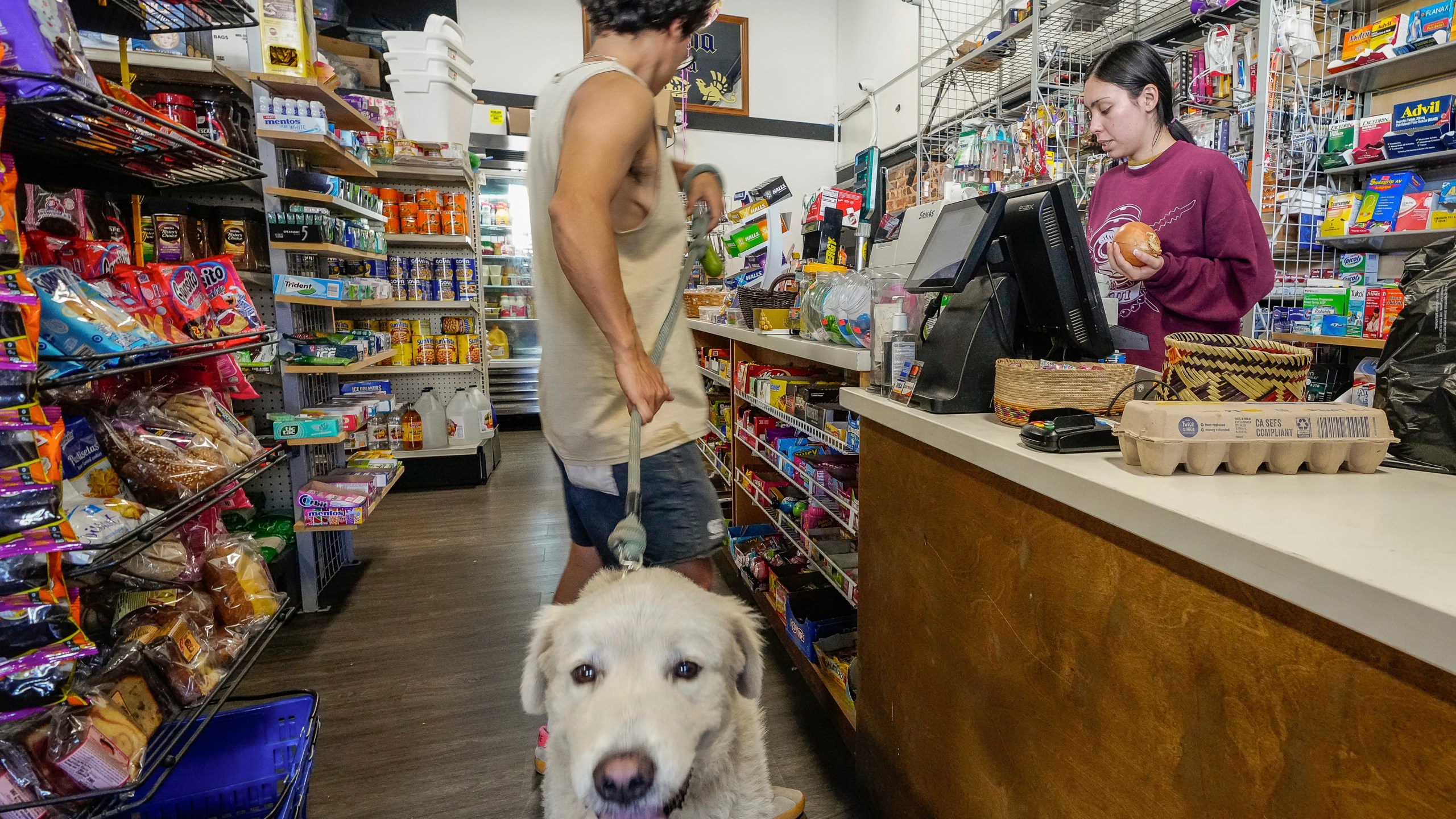 College student Jimena Sanchez, right, who studies children's development works as a part-time cashier earning minimum wage at a family store, in Los Angeles on Friday, Oct. 11, 2024. (AP Photo/Damian Dovarganes)