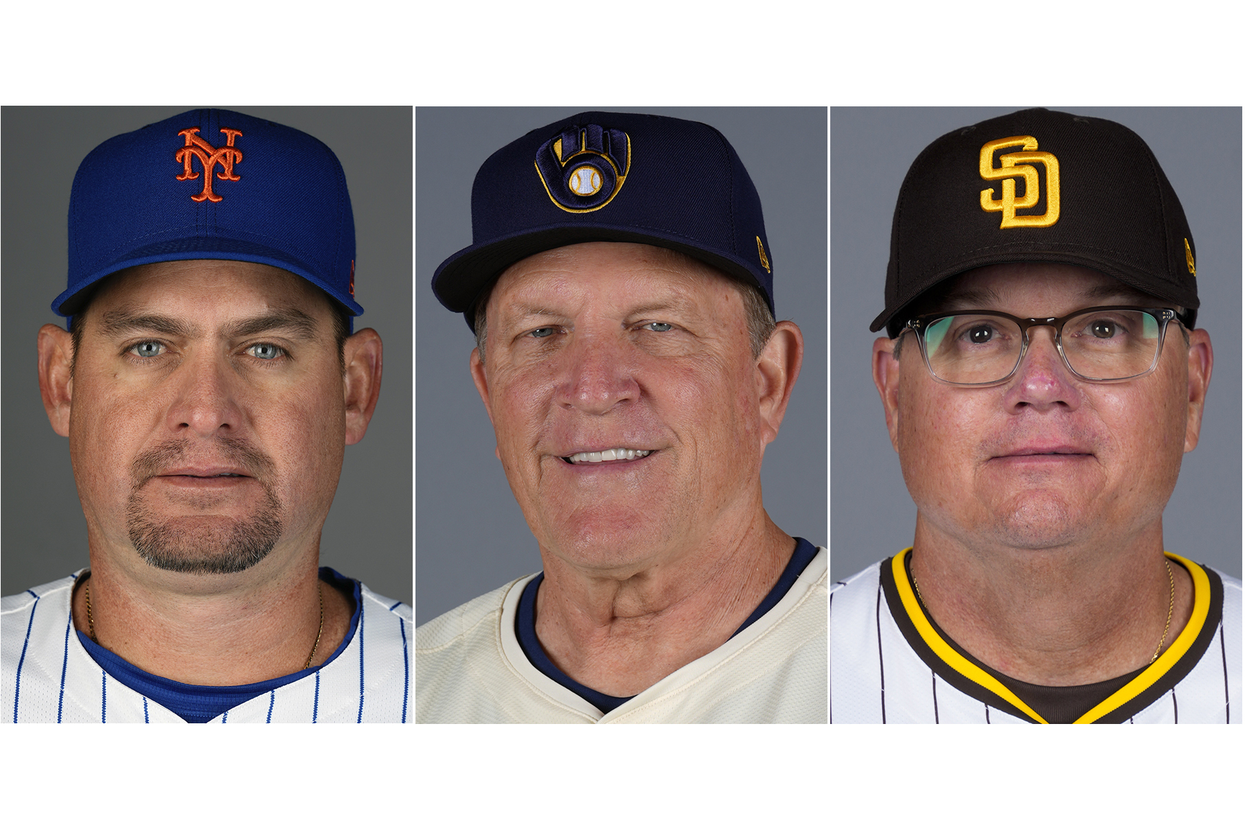 FILE - From left are baseball managers, New York Mets' Carlos Mendoza, Milwaukee Brewers' Pat Murphy and San Diego Padres' Mike Shildt, in 2024. (AP Photo/File)