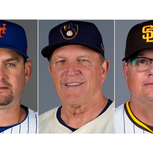 FILE - From left are baseball managers, New York Mets' Carlos Mendoza, Milwaukee Brewers' Pat Murphy and San Diego Padres' Mike Shildt, in 2024. (AP Photo/File)