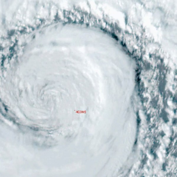 In this image made from video provided by National Weather Service Portland a powerful storm also called a 'bomb cyclone' rotates off the U.S. West Coast on Tuesday, Nov. 19, 2024. (National Weather Service Portland via AP)