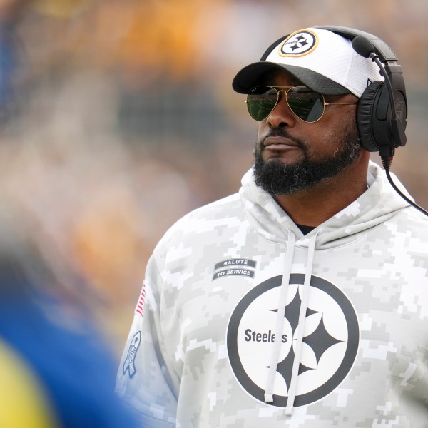 Pittsburgh Steelers head coach Mike Tomlin looks on during the first half of an NFL football game against the Baltimore Ravens, Sunday, Nov. 17, 2024, in Pittsburgh. (AP Photo/Gene J. Puskar)