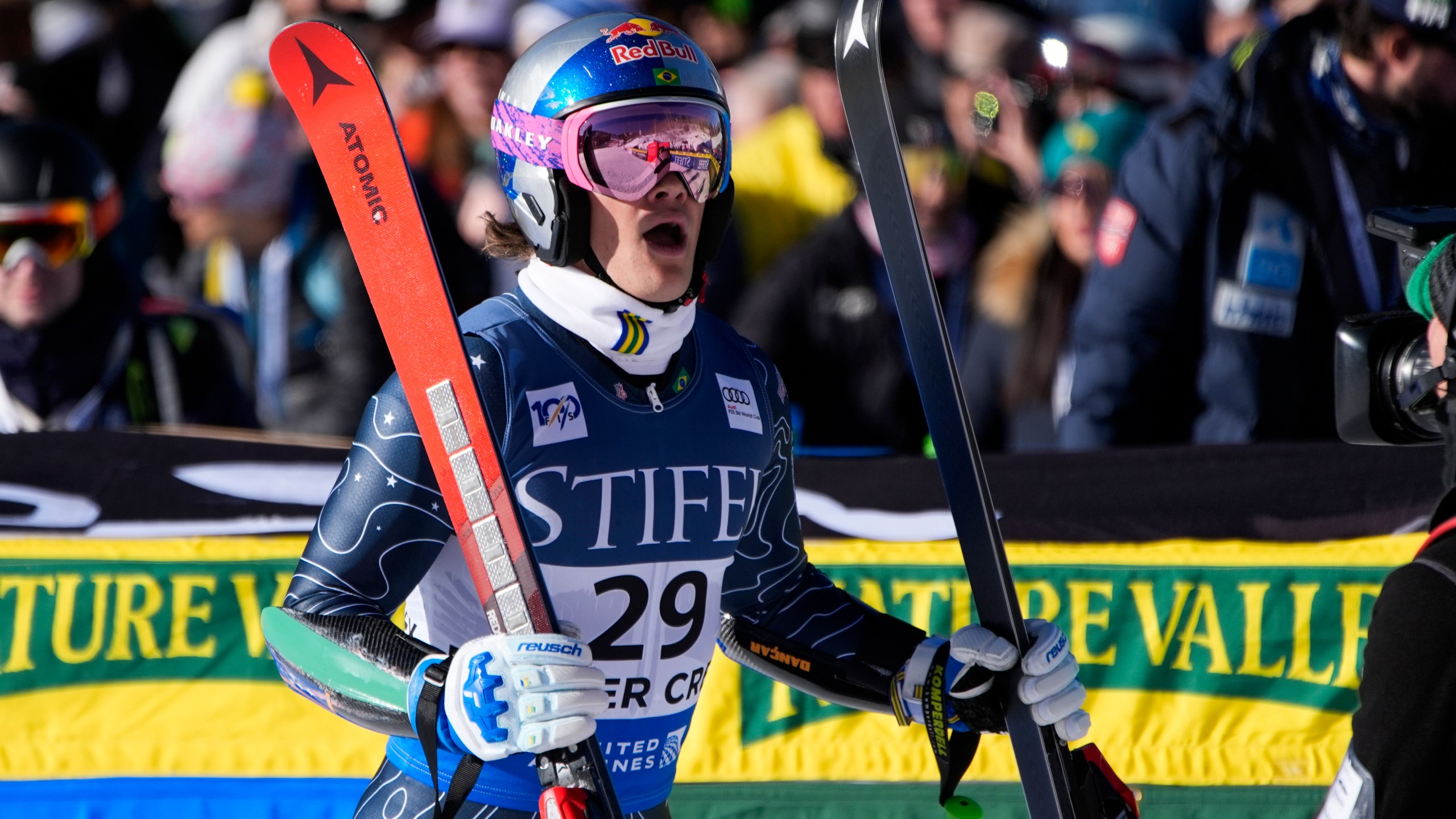 Brazil's Lucas Pinheiro Braathen reacts after competing in a men's World Cup giant slalom skiing race, Sunday, Dec. 8, 2024, in Beaver Creek. (AP Photo/John Locher)