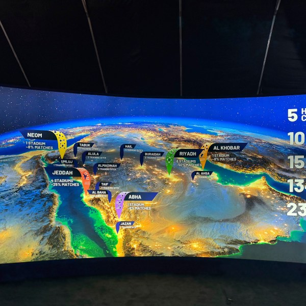 A map at the Saudi Arabia World Cup bid exhibition in Riyadh, Saudi Arabia, Wednesday Dec. 11, 2024, showing the proposed host cities and venues for the 2034 World Cup. (AP Photo/Baraa Anwer)