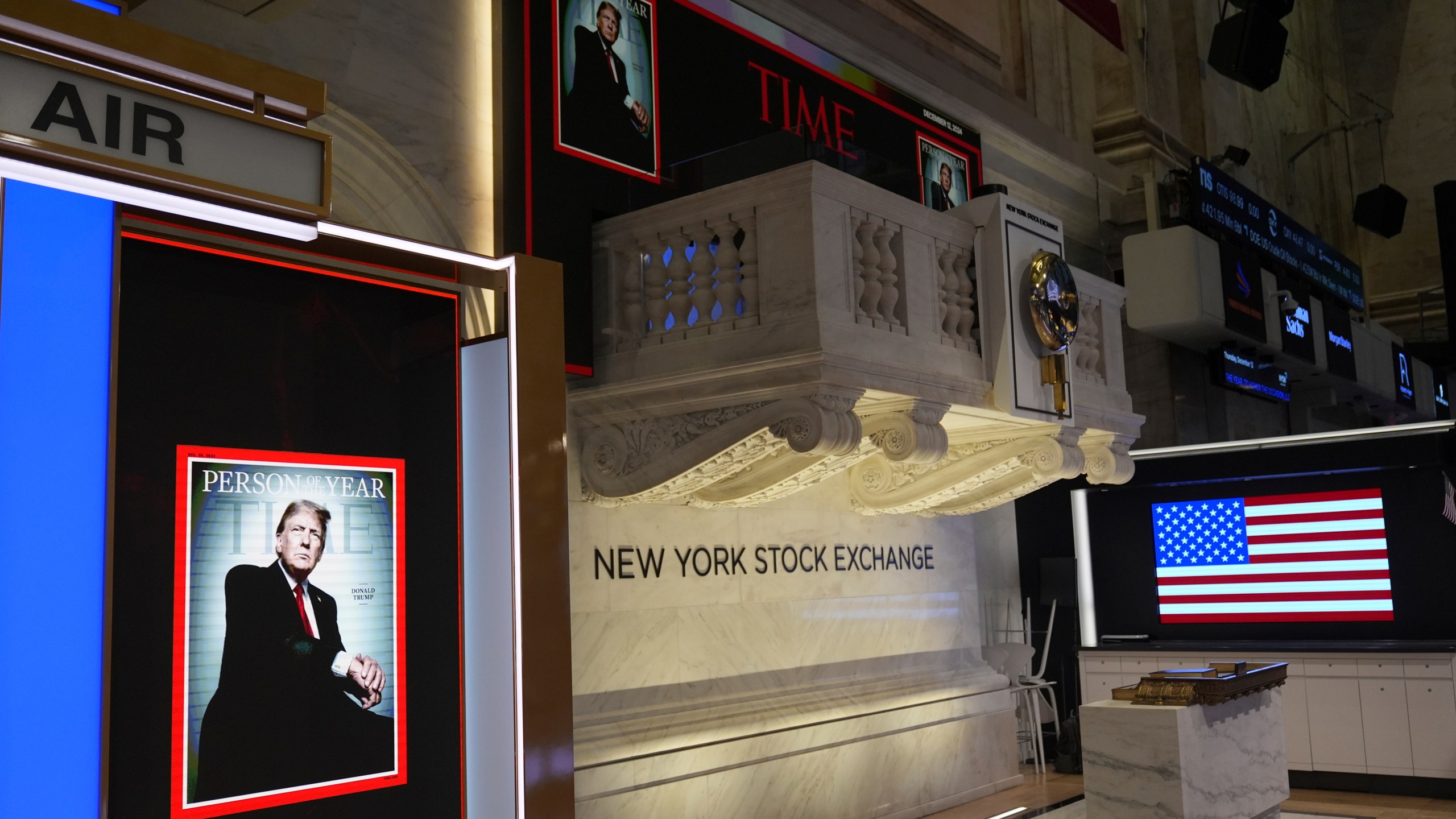 A cover of Time magazine's person of the year, shows President-elect Donald Trump, before a ceremony at the New York Stock Exchange, Thursday, Dec. 12, 2024, in New York. (AP Photo/Alex Brandon)