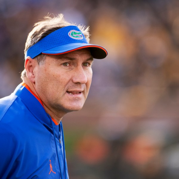 FILE - Florida head coach Dan Mullen watches his team perform during the first quarter of an NCAA college football game against Missouri Saturday, Nov. 20, 2021, in Columbia, Mo. (AP Photo/L.G. Patterson, File)