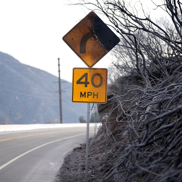 A road signed is burned after the Franklin Fire swept through Wednesday, Dec. 11, 2024, in Malibu, Calif. (AP Photo/Eric Thayer)