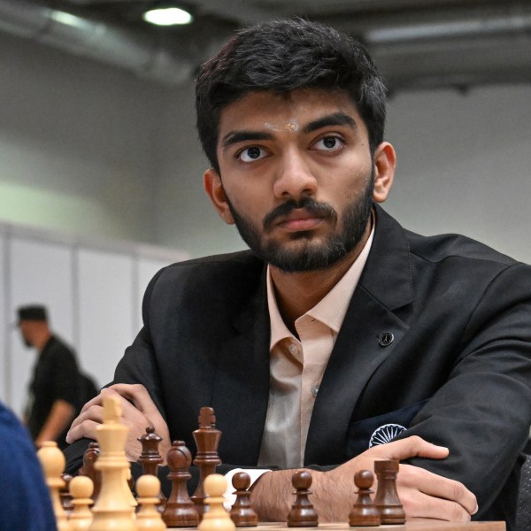 FILE - Gukesh D of India looks on as he plays against Richard Rapport of Hungary during the Hungary vs. India match in the 6th round of the 45th Chess Olympiad in Budapest, Hungary, Sept. 16, 2024. (Tibor Illyes/MTI via AP, File)