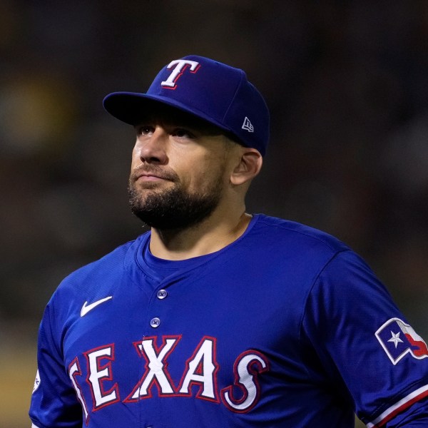 FILE - In this Sept. 24, 2024 photo, Texas Rangers' Nathan Eovaldi walks to the dugout after pitching against the Oakland Athletics during the sixth inning of a baseball game in Oakland, Calif. (AP Photo/Godofredo A. Vásquez, file)