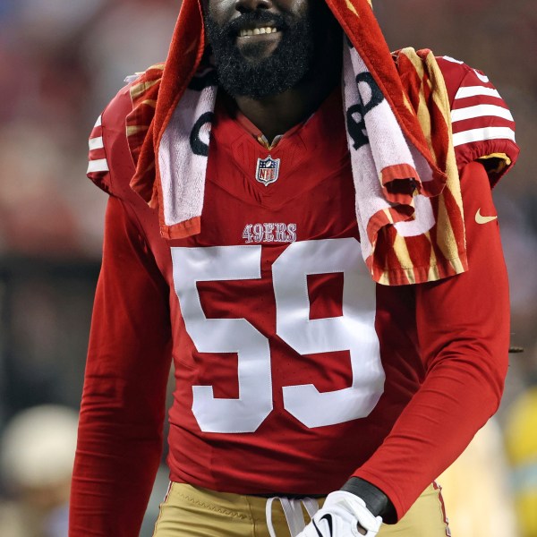 San Francisco 49ers' De'Vondre Campbell walks to the locker room during the second half of an NFL football game against the Los Angeles Rams in Santa Clara, Calif., Thursday, Dec. 12, 2024. (Scott Strazzante/San Francisco Chronicle via AP)