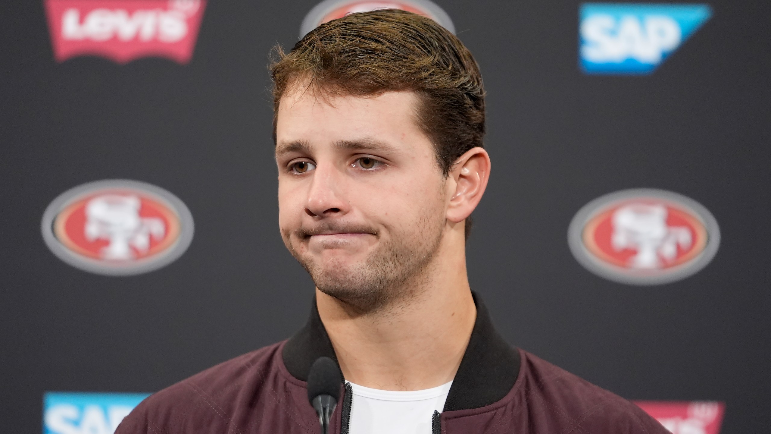 San Francisco 49ers quarterback Brock Purdy speaks at a news conference after an NFL football game against the Los Angeles Rams in Santa Clara, Calif., Thursday, Dec. 12, 2024. (AP Photo/Godofredo A. Vásquez)