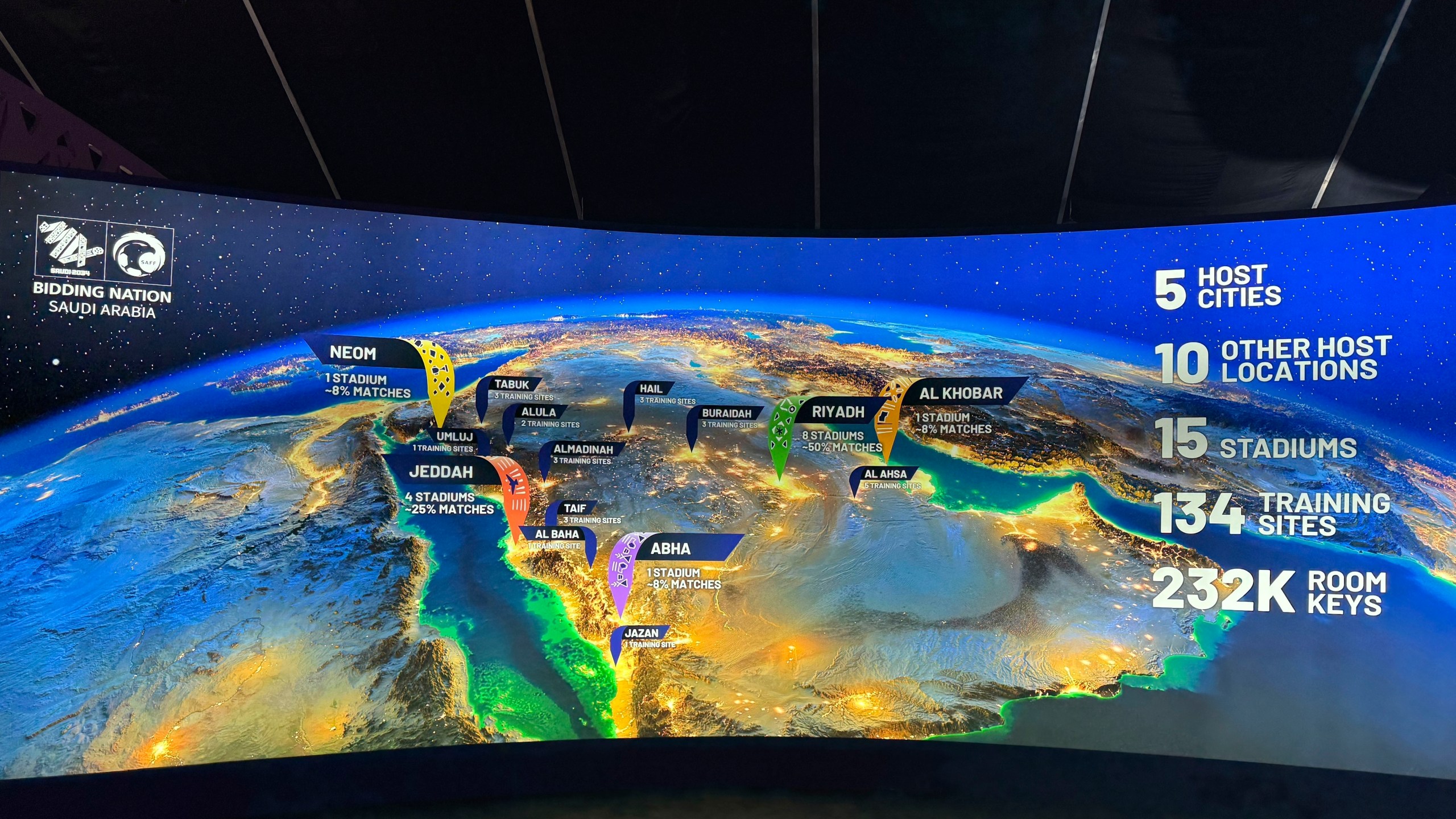 FILE - A map at the Saudi Arabia World Cup bid exhibition in Riyadh, Saudi Arabia, Wednesday Dec. 11, 2024, shows the proposed host cities and venues for the 2034 World Cup. (AP Photo/Baraa Anwer, File)