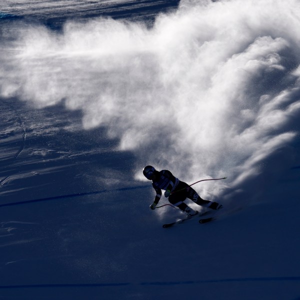 Forerunner Lindsey Vonn skis during a women's World Cup downhill training run, Thursday, Dec. 12, 2024, in Beaver Creek. (AP Photo/John Locher)