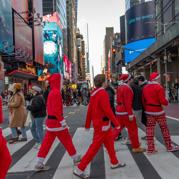 Revellers take part in SantaCon, Saturday, Dec. 14, 2024, in New York. (AP Photo/Julia Demaree Nikhinson)