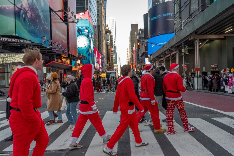 Revellers take part in SantaCon, Saturday, Dec. 14, 2024, in New York. (AP Photo/Julia Demaree Nikhinson)