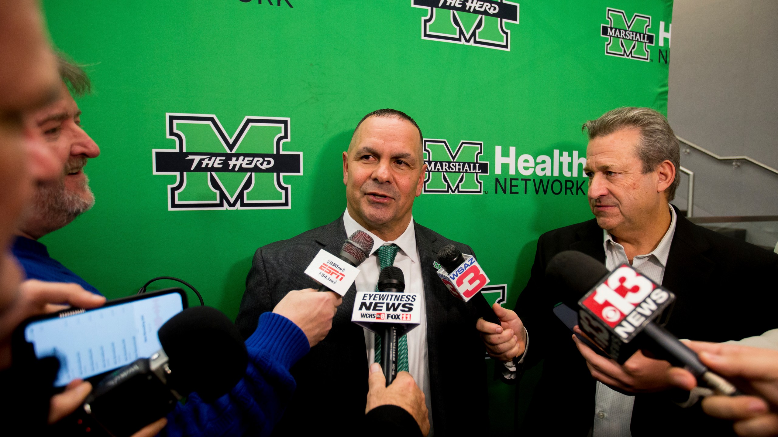 Marshall University's head football coach Tony Gibson responds to questions during a press conference on Thursday, Dec. 12, 2024, at the Brad D. Smith Center for Business and Innovation in Huntington, W.Va. (Ryan Fischer/The Herald-Dispatch via AP)