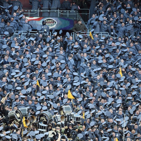 Cadets celebrate during the first half of an NCAA college football game against Navy, Saturday, Dec. 14, 2024, in Landover, Md. (AP Photo/Daniel Kucin Jr.)