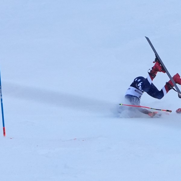 Mikaela Shiffrin, of the United States, crashes during the second run of a women's World Cup giant slalom skiing race, Saturday, Nov. 30, 2024, in Killington, Vt. (AP Photo/Robert F. Bukaty)